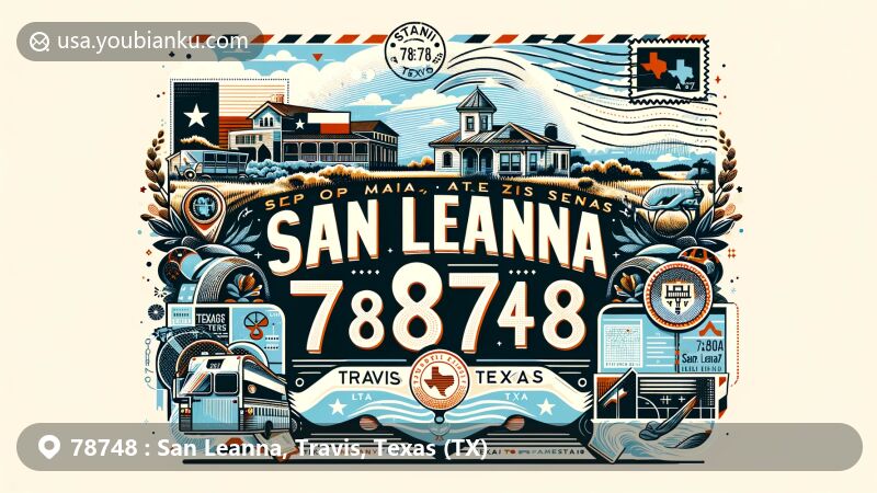 Modern illustration of San Leanna, Travis County, Texas, featuring postal theme with ZIP code 78748, incorporating Texas state flag and rural community elements.