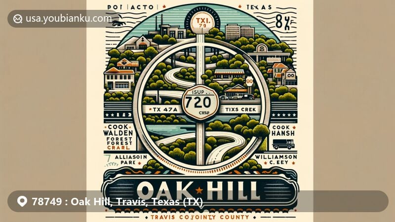 Modern illustration of Oak Hill, Travis County, Texas, showcasing postal theme with ZIP code 78749, featuring U.S. Route 290/TX-71 intersection and Williamson Creek, highlighting Circle C Ranch neighborhood and Cook Walden Forest Oaks Memorial Park.