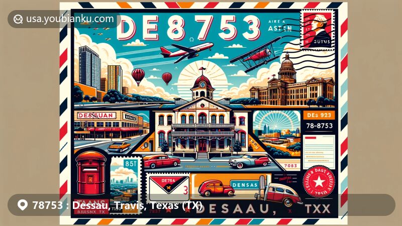 Modern illustration of Dessau, Travis County, Texas, featuring postal theme with ZIP code 78753, showcasing Dessau Dance Hall, Texas State Capitol, and Austin cityscape.