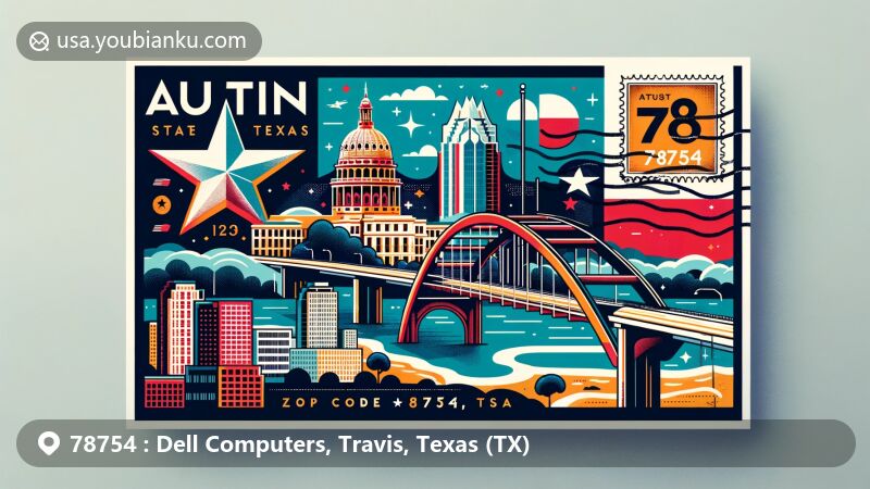 Modern illustration of Austin, Texas, showcasing regional features of Travis County and famous landmarks including the Texas State Capitol and the Pennybacker Bridge. Postal theme highlights ZIP code 78754.