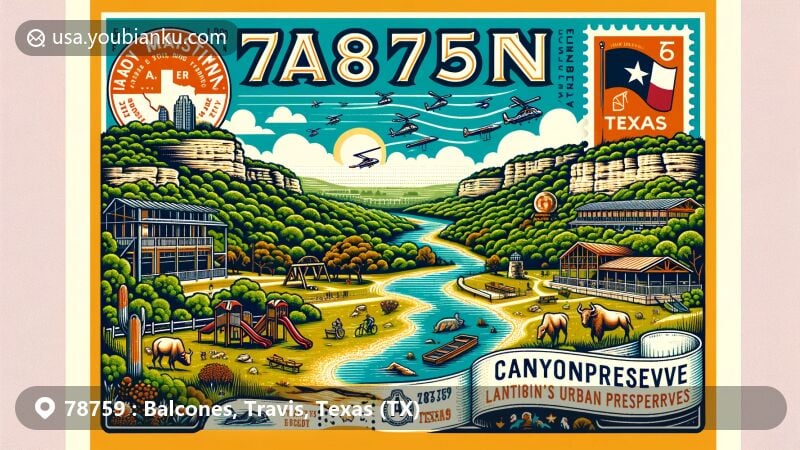 Modern illustration of Balcones area, Austin, Texas, featuring Balcones Canyonlands Preserve, Balcones District Park, vintage postcard format, Texas state flag stamp, and '78759' ZIP code, blending urban and natural elements.
