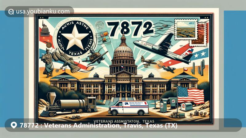 Modern illustration of Veterans Administration, Travis, Texas, showcasing postal theme with ZIP code 78772, featuring Texas State Capitol, Vietnam Veterans Monument, and Travis County's geographical landmarks.