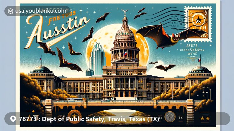 Modern illustration of Department of Public Safety area in Travis County, Texas, featuring Texas State Capitol with golden dome and Mexican free-tailed bats flying over Congress Avenue Bridge.