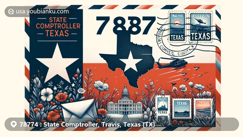 Modern illustration of State Comptroller, Travis, Texas, showcasing postal theme with ZIP code 78774, featuring Texas state flag and cultural symbols.