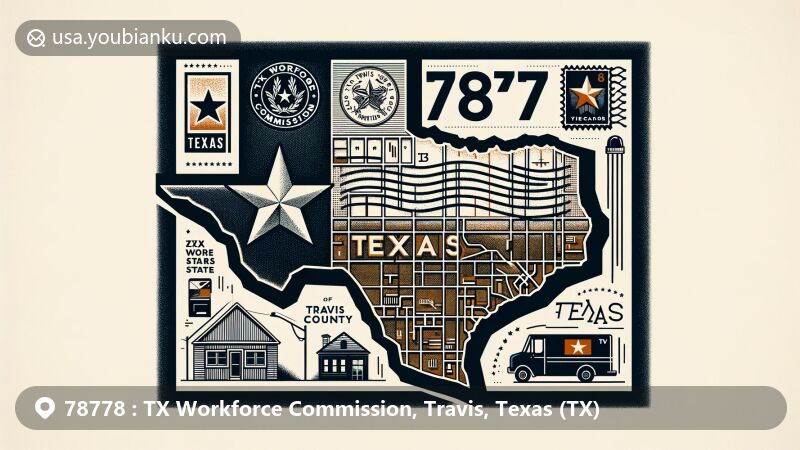 Modern illustration of ZIP code 78778 in Travis County, Texas, featuring Texas flag with lone star, Travis County outline, Texas Workforce Commission symbol, and postal elements like stamps and postmarks.