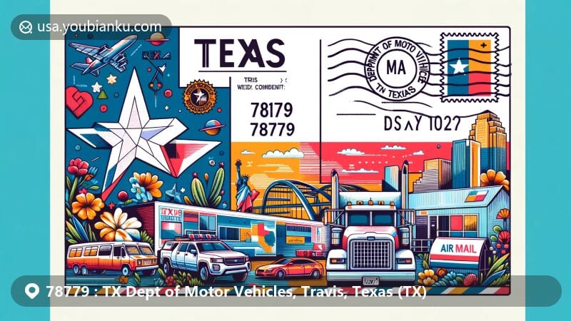 Modern illustration of Travis County, Texas, showcasing postal theme with ZIP code 78779 for TX Dept of Motor Vehicles, featuring Texas flag, Travis County outline, and DMV symbols.