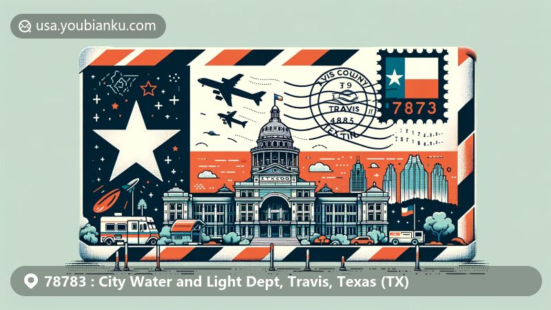 Modern illustration of Texas State Capitol, Austin, featuring state flag and Travis County outline, integrated into a creative airmail envelope design with ZIP Code 78783.