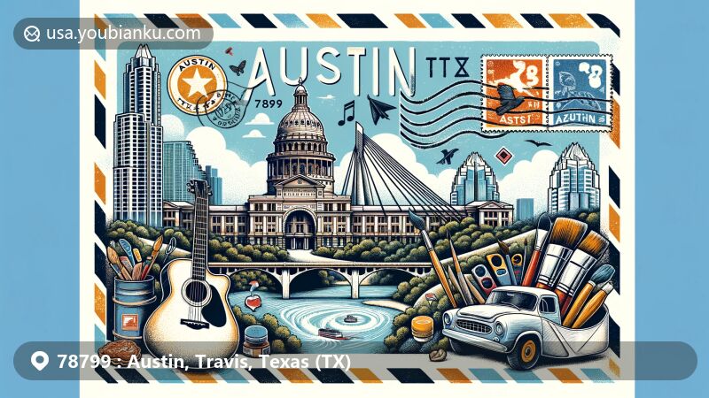 Modern illustration of Austin, Texas, featuring ZIP code 78799, showcasing Texas State Capitol, Pfluger Pedestrian Bridge, Zilker Park, and elements of music and art scene.