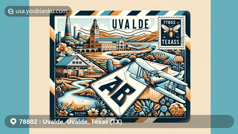 Modern illustration of Uvalde, Texas showcasing Cook’s Slough Nature Park and Aviation Museum of Texas on an airmail envelope adorned with huajillo honey patterns and a stamp featuring ZIP code 78802.
