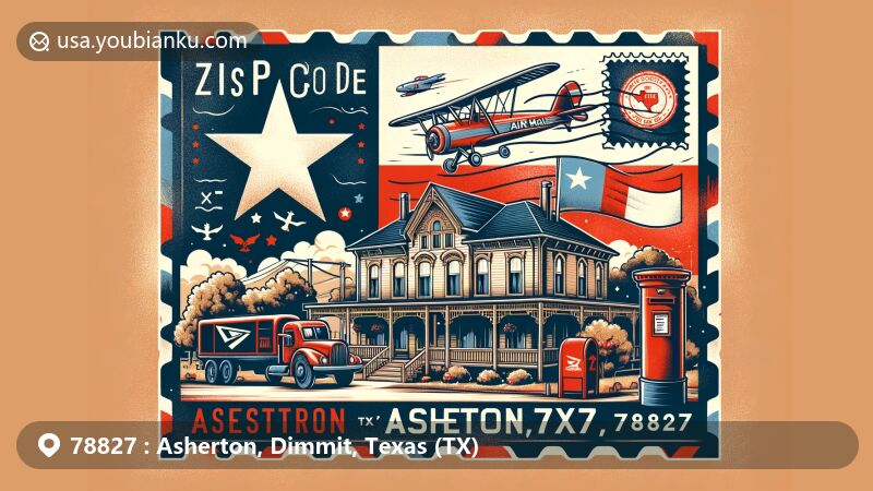 Modern illustration of Asherton, Texas, highlighting ZIP code 78827 with vintage-style air mail envelope featuring local landmarks like the Bel-Asher house and Texas state flag.