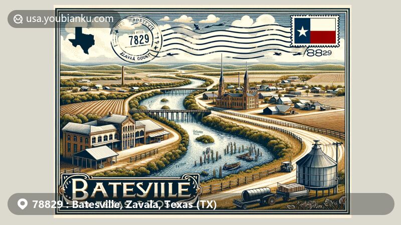 Modern illustration of Batesville, Texas, in Zavala County, featuring ZIP code 78829, showcasing postcard theme with aerial view of town, Leona River, and local agricultural landscapes.