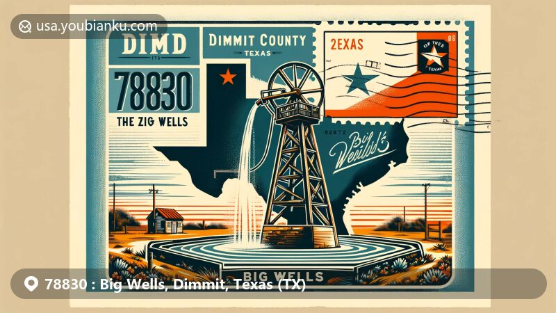 Modern illustration of Big Wells, Dimmit County, Texas, featuring artesian well water jetting high into air, vintage postage stamp with Texas flag, postmark, and ZIP code 78830.