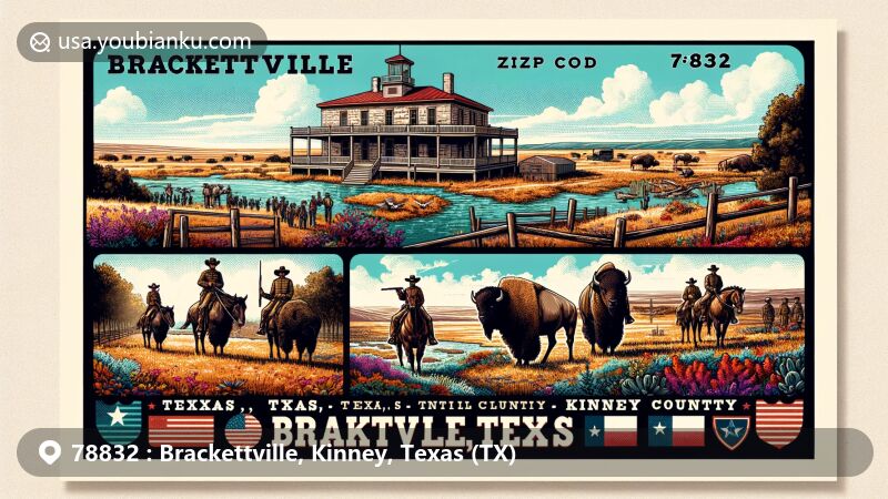 Modern illustration of Brackettville, Texas, showcasing Fort Clark, Buffalo Soldiers, local wildlife, and Texas landscape, with vintage postcard design and ZIP code 78832.