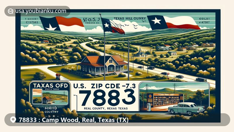 Modern illustration of Camp Wood, Real County, Texas, highlighting ZIP code 78833, featuring scenic views from Texas State Highway 55 and the lush greenery of the Texas Hill Country.