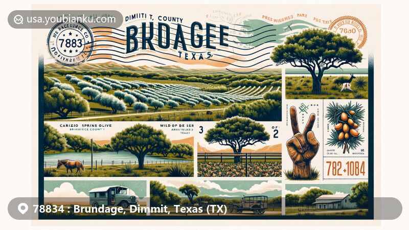 Modern illustration of Brundage, Dimmit County, Texas, capturing the rural landscape with mesquite and oak trees, featuring Carrizo Springs olive orchard, Paleo-Indian artifacts, and the Wild Horse Desert.
