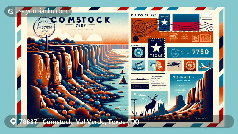Modern illustration of Comstock, Texas, showcasing Seminole Canyon State Park's canyon landscapes and ancient pictographs, representing rich history and natural beauty, with elements of Texas state symbolism and postal theme.