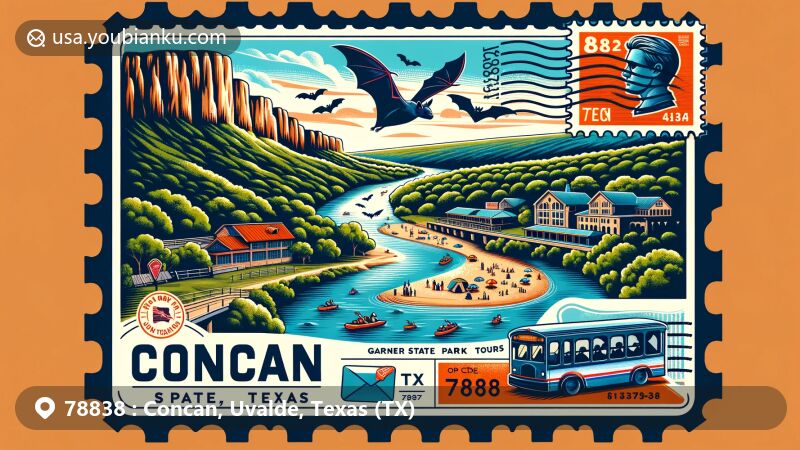 Modern illustration of Concan, Texas, highlighting Garner State Park, Frio Bat Flight Tours, and postal theme with ZIP code 78838, featuring lush landscapes, Frio River, and bats emerging at dusk.