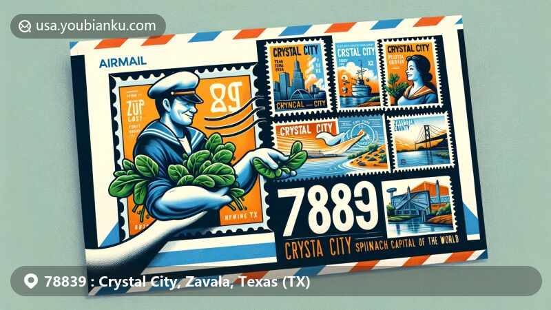 Modern illustration of Crystal City, Texas, known as the Spinach Capital of the World, featuring a stylish airmail envelope with vibrant stamps depicting the famous Popeye Statue and local landmarks, showcasing the city's rich history and cultural heritage.