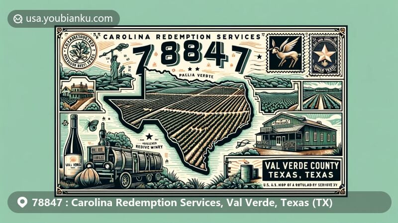 Modern illustration of Val Verde County, Texas, highlighting ZIP code 78847, showcasing local and postal elements with focus on Val Verde Winery and postcard format.