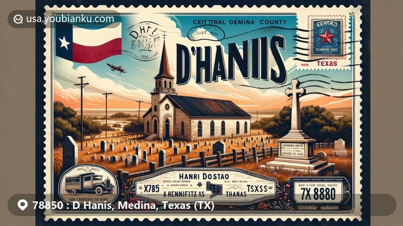 Modern illustration of zip code 78850, D'Hanis, Medina, Texas, showcasing central Medina County's terrain and rural Texan landscape, featuring St. Dominic's Church ruins, Old D'Hanis ghost town, and Alsatian immigrant history.