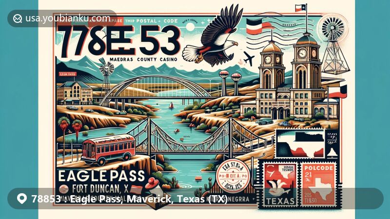 Modern illustration of Eagle Pass area, Texas, postal code 78853, featuring Fort Duncan, Maverick County Lake, and Kickapoo Lucky Eagle Casino, with a bridge symbolizing connection to Piedras Negras, Mexico.