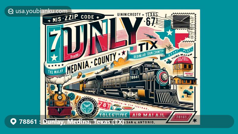 Modern illustration of Dunlay, Medina County, Texas, showcasing postal theme with ZIP code 78861, featuring Texas state symbols, vintage train, and postal elements.