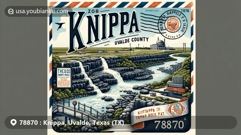 Modern illustration featuring ZIP Code 78870, Knippa, Texas, capturing town's essence with Trap Rock Plant and historical markers, framed like vintage postcard with postal elements.