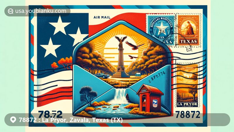 Modern illustration of La Pryor, Texas, showcasing postal theme with ZIP code 78872, featuring Ruelas Monuments, Garner State Park, and Texas flag.