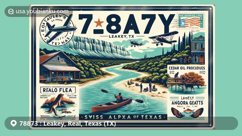 Modern illustration of Leakey, Real County, Texas, showcasing postal theme with ZIP code 78873, featuring the clear Frio River and local culture.