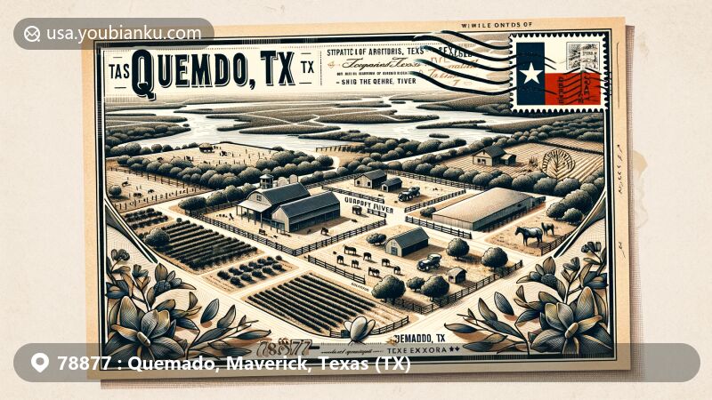 Modern illustration of Quemado, Texas, in Maverick County, showcasing agricultural and beekeeping history, near the Rio Grande, with postal elements highlighting ZIP code 78877.