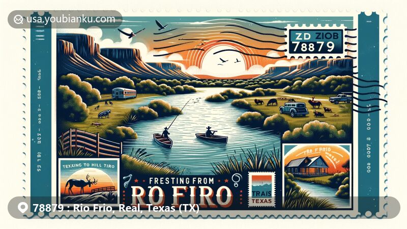 Modern illustration of Rio Frio, Real County, Texas, capturing the natural beauty and outdoor activities of the Texas Hill Country, featuring rolling hills, stunning sunsets, and the Frio River, with a postcard theme highlighting ZIP code 78879.