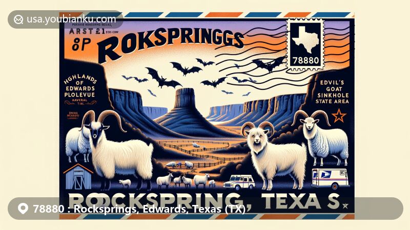 Modern illustration of Rocksprings, Edwards County, Texas, showcasing Angora goats, Devil's Sinkhole State Natural Area, and postal theme with ZIP code 78880.