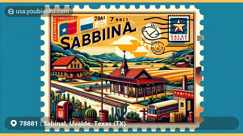 Modern illustration of Sabinal, Uvalde County, Texas, featuring iconic symbols like the historic Waiting Station, local farming and ranching community, rolling hills, and Site of Camp Sabinal. Postal elements include an oversized postcard with Texas flag, postal mark for ZIP code 78881, and old-fashioned mailbox.