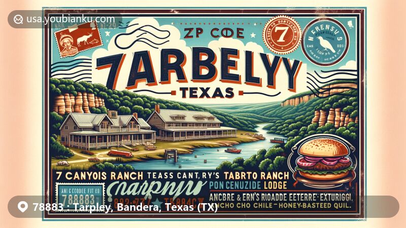 Modern illustration of Tarpley, Texas, showcasing the 7 Canyons Ranch, Mac & Ernie's Roadside Eatery, and ZIP code 78883, with a vintage postcard format and postal symbols.