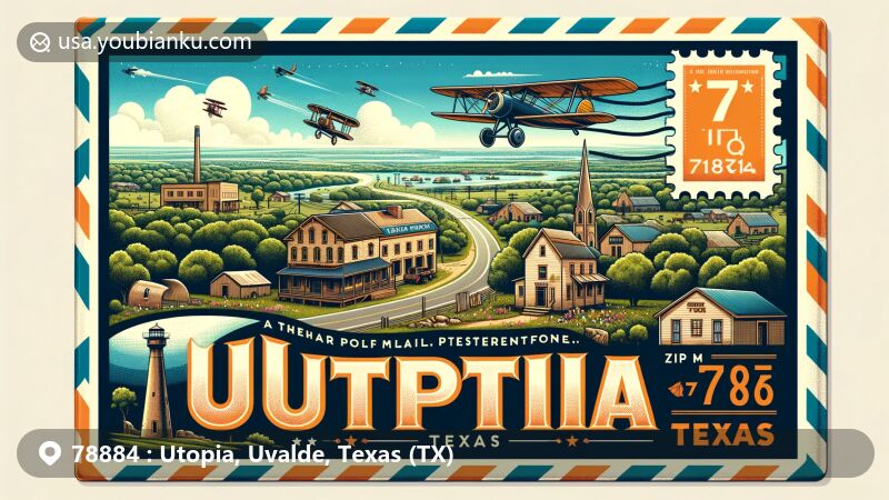 Modern illustration of Utopia, Uvalde County, Texas, featuring ZIP code 78884 on an air mail envelope, showcasing historic landmarks like a two-story rock store, Utopia Methodist Church, and lush green landscapes, with the Texas state flag in the background.