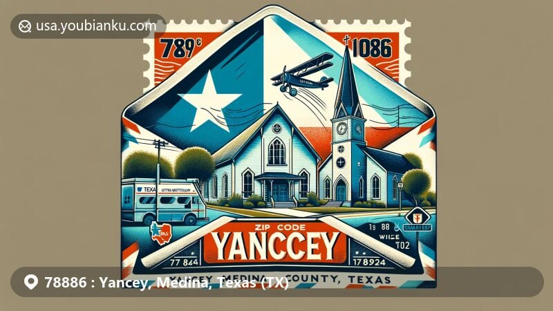 Vibrant modern illustration of Yancey, Medina County, Texas, with vintage air mail envelope design and postal elements, celebrating ZIP code 78886, featuring historical marker and Yancey United Methodist Church.
