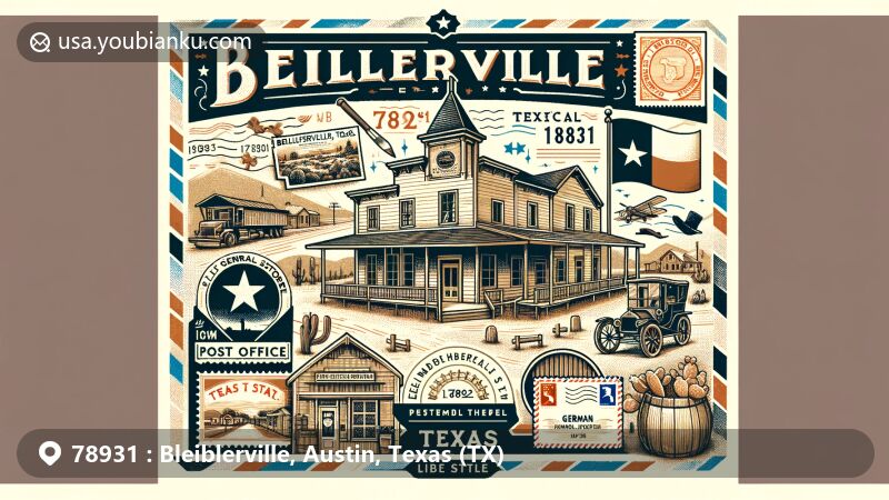 Modern illustration of Bleiblerville, Texas portraying the town's history and cultural fusion, with German immigration influences and postal design elements.