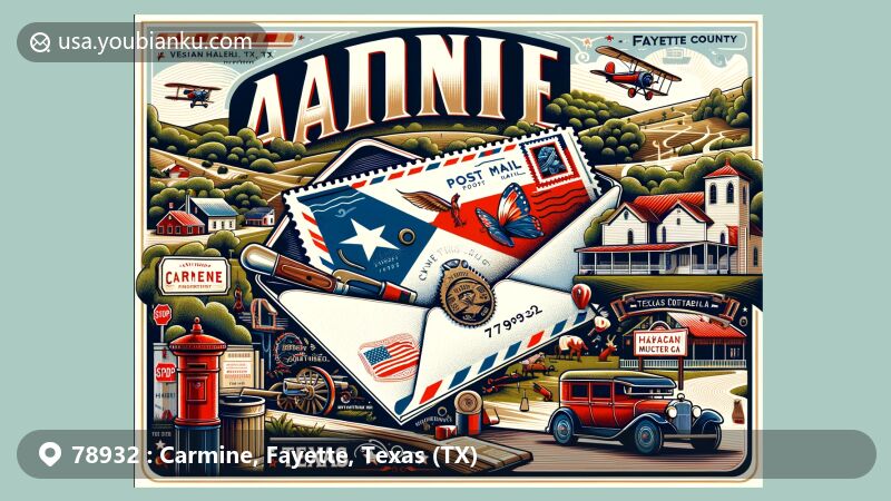Wide-format illustration of Carmine, Fayette County, Texas, with air mail envelope featuring Texas flag, 'Carmine, TX 78932' postmark, mailbox, and vintage mail car. Reveals rolling hills, visitor center, basketball museum, cotton gin museum, ancient oak and pecan trees, WWII relics, and antiques, capturing Carmine's rich history and culture.