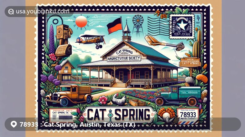 Illustration of ZIP code 78933 in Cat Spring, Austin, Texas, featuring Cat Spring Agriculture Society Pavilion, airmail envelope design, stamp, postmark, and Texas state symbols.
