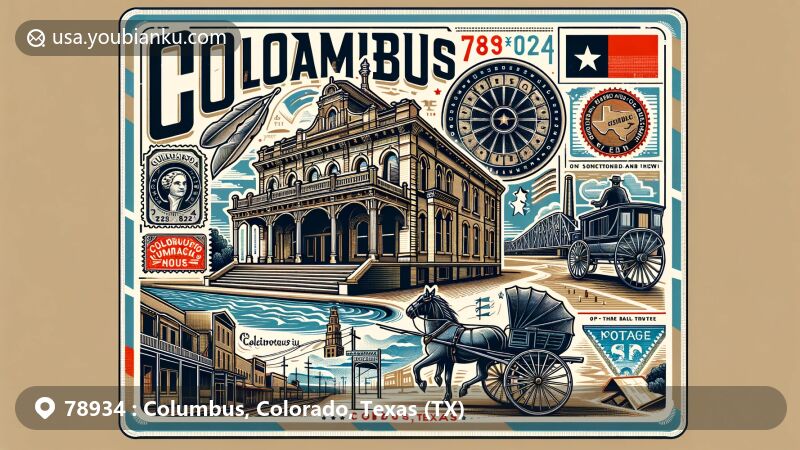 Modern illustration of Columbus, Texas, showcasing ZIP code 78934, featuring Stafford Opera House, Colorado River, vintage carriage step, Beason's Crossing, and postal elements like airmail envelope, stamps, and postmark.