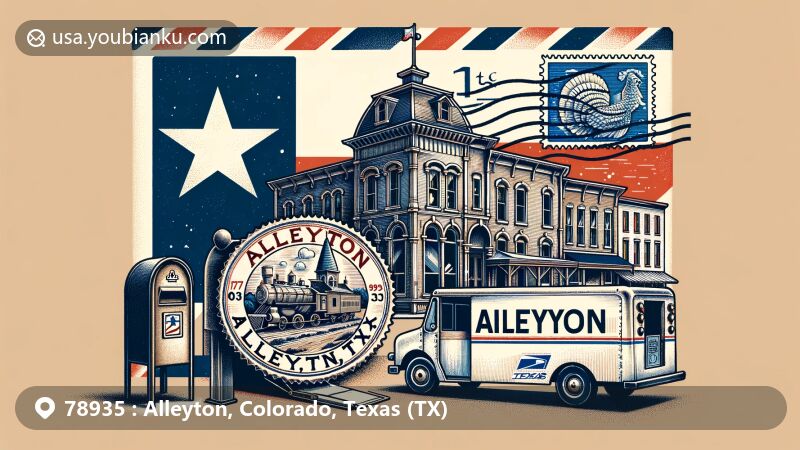 Modern illustration of Alleyton, Colorado County, Texas, highlighting postal theme with airmail envelope, Texas state flag, vintage stamp, postmark, and postal elements, showcasing historical significance and postal legacy.