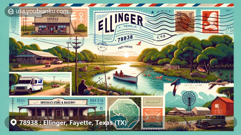 Modern illustration of Ellinger, Texas, showcasing postal theme with ZIP code 78938, featuring outdoor activities like fishing, camping, and biking, along with local landmark Hruska's Store and Bakery.