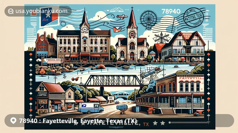 Modern illustration of Fayetteville, Texas, showcasing German Texan cultural heritage with over 345 historic buildings, postal theme with ZIP code 78940, and elements like bridges, churches, and monuments.