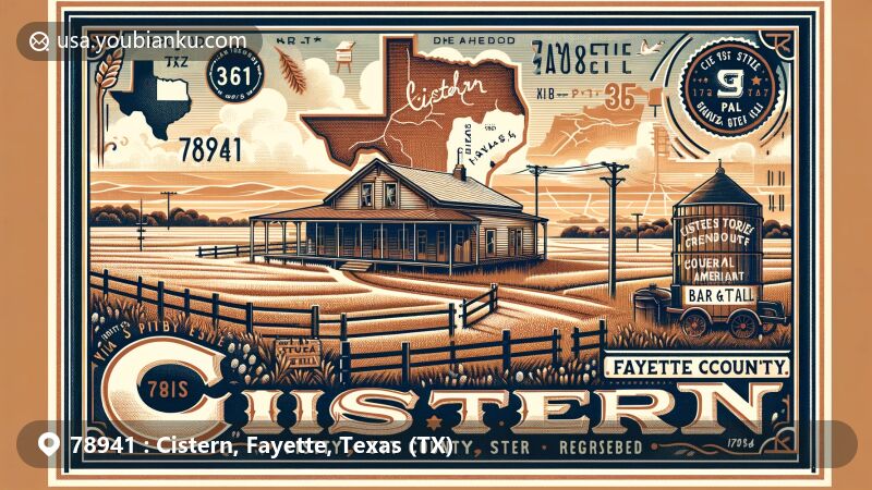 Modern illustration of Cistern, Fayette County, Texas, featuring ZIP code 78941, showcasing geographical and postal themes with stylized map, Texas State Highway 95, and Cistern Country Store Bar & Grill.
