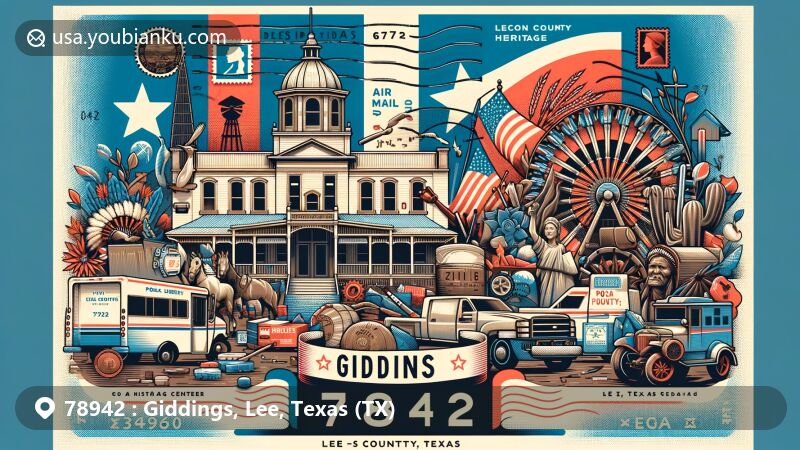 Modern digital illustration of Giddings, Lee County, Texas, featuring postal theme with ZIP code 78942, highlighting Lee County Heritage Center and Giddings Public Library and Cultural Center.