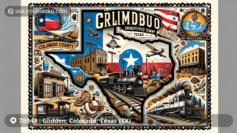 Modern illustration of Glidden, Texas, in Colorado County, showcasing postal theme with ZIP code 78943, featuring symbols of Texas, iconic landmarks, mail-related elements, and regional motifs.
