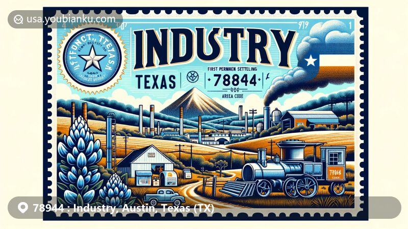 Creative illustration of Industry, Austin County, Texas, depicting the town's history as the first permanent German settlement in the state, featuring Texas state symbols and postal elements with ZIP code 78944.