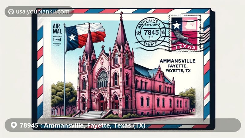 Modern illustration of 'The Pink Church', St. John the Baptist Catholic Church in Ammansville, Texas, featuring iconic rosy interior and Texas state flag, with '78945' ZIP code stamp and postal elements blending historical significance with modern design.