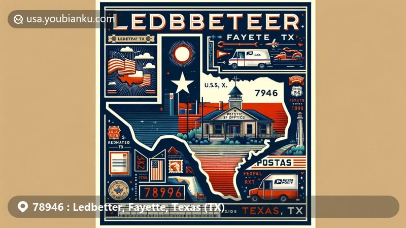 Modern illustration of Ledbetter, Fayette, Texas, featuring ZIP code 78946 and integrating geographical and postal elements like U.S. Route 290, Texas symbols, vintage postcards, and air mail designs.