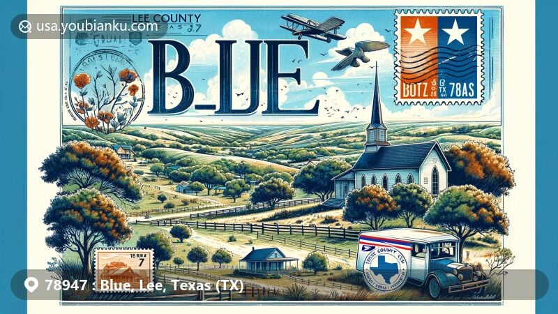 Modern illustration of Blue, Lee County, Texas, blending natural beauty and historical charm with postal elements, showcasing rolling hills, trees, Methodist church, vintage air mail envelope, Texas flag stamp, and ZIP code 78947.